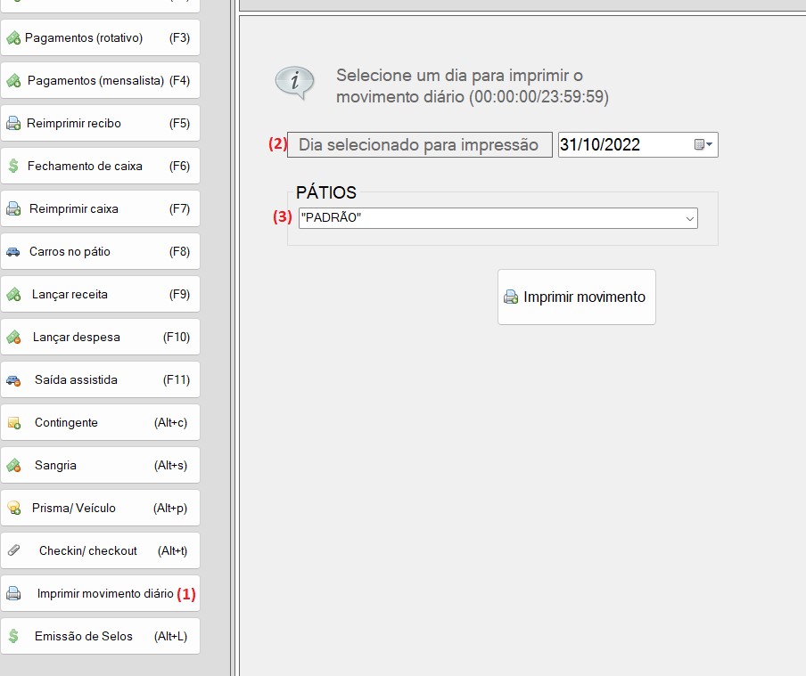 Acesso a opção de imprimir de movimento diario